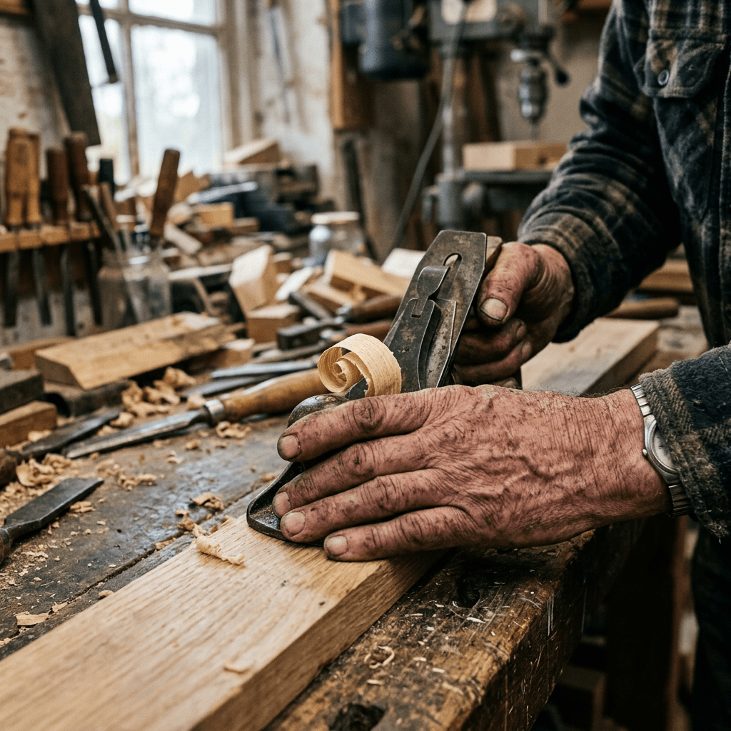 Hands using a hand planer to smooth a wooden plank in a workshop